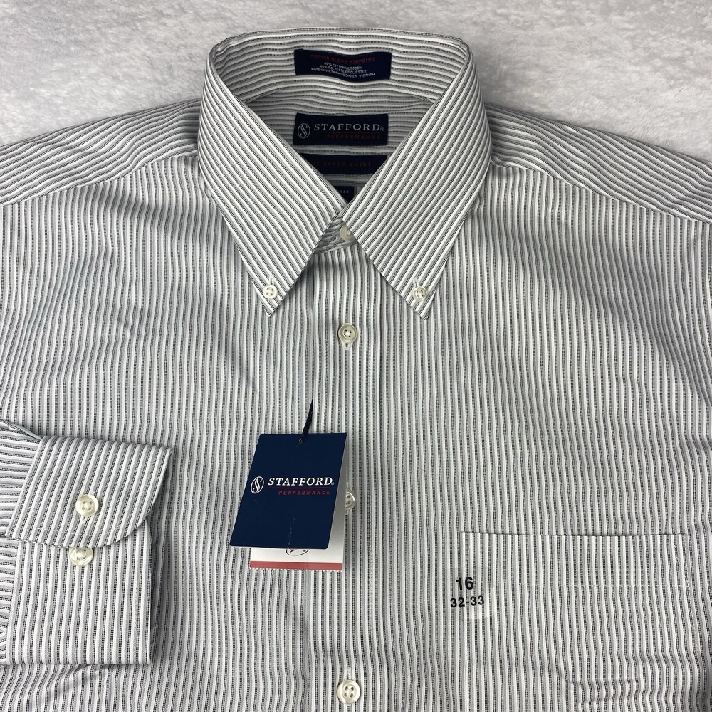 Stafford Performance Dress Shirt Mens 16-32/33 Gray Stripes Classic Fit NWT!